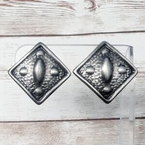 Vintage Clip On Earrings - Dark Silver Tone Diamond Shape with Design